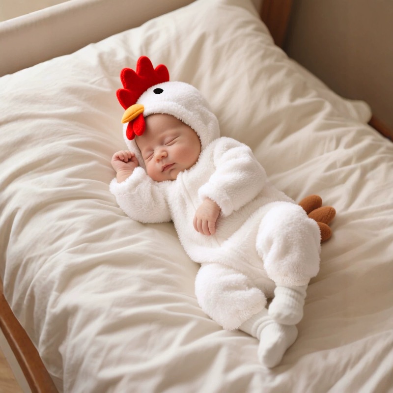 Cotton Baby Onesies Zipper - Yenidoğan Bebek Beyaz Tavuk Desenli Kapüşonlu